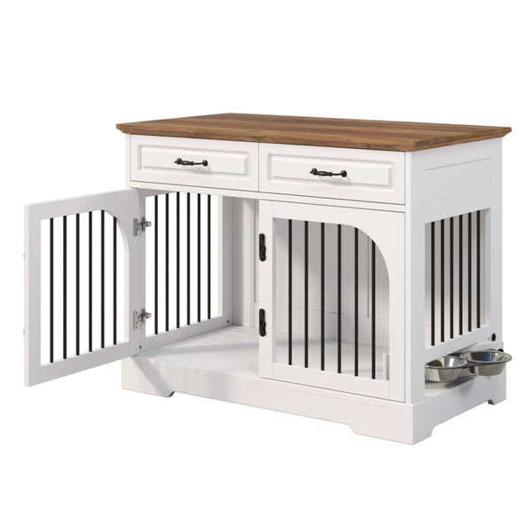 English Elm 43.3" Farmhouse Mdf Dog Crate Console with Drawers and Rotating Bowls for Large Breeds N704P414580A