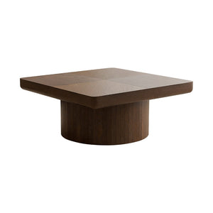 English Elm 34.6'' Square Coffee Table Parquet Wood Veneer Sculptural Cylindrical Base Modern Living Room Walnut W1435P337647