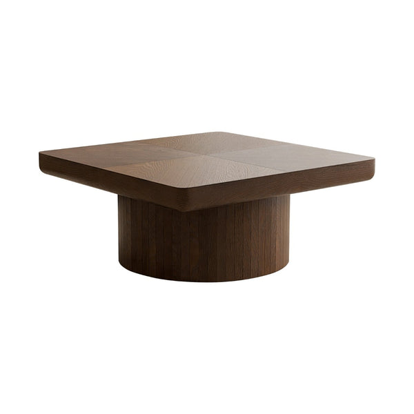 English Elm 34.6'' Square Coffee Table Parquet Wood Veneer Sculptural Cylindrical Base Modern Living Room Walnut W1435P337647