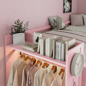 English Elm Twin Bunk Bed with Storage Drawers Hanging Rail Led Shelves and Pegboard Organizer Pink LT000282AAH