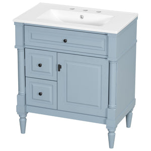 English Elm 30" Freestanding Bathroom Vanity Rubberwood Frame Ceramic Sink Flip Drawer Storage Blue+Grey N725P356062E