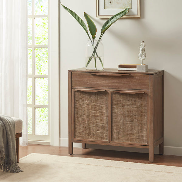 JLA Home Madison Park - Accent Woven Coastal Chest with Cane Door Panels, Reclaimed Wood Finish, Drawer & Lower Shelf — Secure MP130-1036