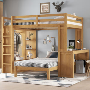 English Elm Queen Over Twin Bunk Bed With Built-In Desk, Storage, And Dismountable Lower Bed - Natural Wood W1580S00216-GIGA