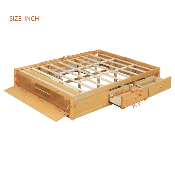 English Elm Queen Platform Storage Bed with Hydraulic Lift Footboard and Four Drawers Antique Finish Natural LP000139AAN