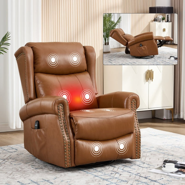 English Elm Heat Massage Swivel Rocker Recliner in Genuine Leather for Living Room Comfort W3224S00015