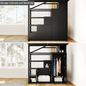English Elm Queen Metal Loft Bed with Wardrobe Shelves and Staircase Storage in Matte Black N7090004203B