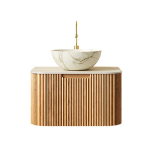 English Elm Dina Floating Bathroom Vanity with Sintered Stone Top and Crystal Glass Basin Beige,Natural Wood,Stone White W2615S00697