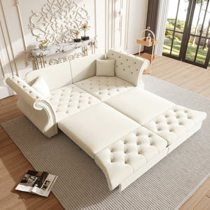 English Elm 83.8" Chesterfield Sleeper Sofa Velvet Upholstered with Flower Tufting for Living Room Beige White W1885S00400