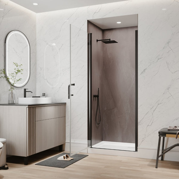 English Elm 32-34 in Frameless Pivot Shower Door Clear Tempered Glass with Matte Black Hardware W63777029