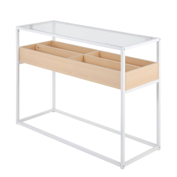 English Elm Contemporary Glass Top Console Table with Matte Black Frame and Wood Storage Natural B202P223379