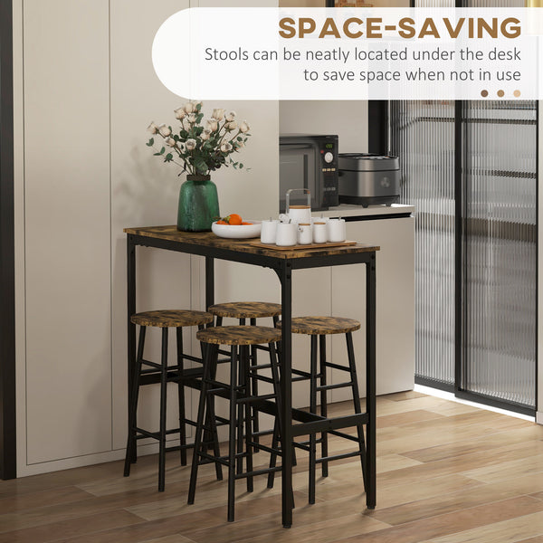 English Elm HOMCOM Industrial 5-Piece Bar Table Set for 4 with Woodgrain Top, Metal Frame, Space-Saving Design W2225P200562