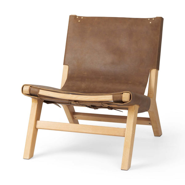 HomeRoots 32" Brown Leather Slipper Chair with Solid Wood Frame - Modern Accent for Living Spaces & Offices 606001