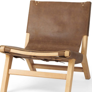 HomeRoots 32" Brown Leather Slipper Chair with Solid Wood Frame - Modern Accent for Living Spaces & Offices 606001