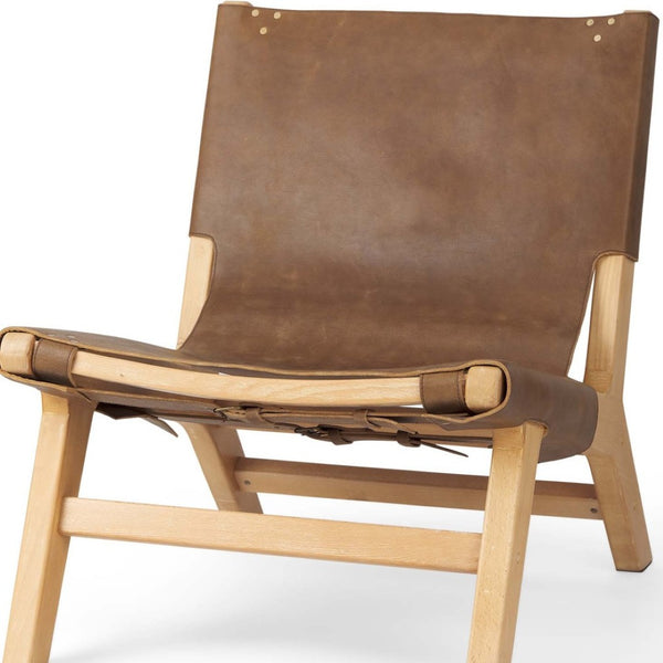 HomeRoots 32" Brown Leather Slipper Chair with Solid Wood Frame - Modern Accent for Living Spaces & Offices 606001