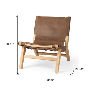 HomeRoots 32" Brown Leather Slipper Chair with Solid Wood Frame - Modern Accent for Living Spaces & Offices 606001