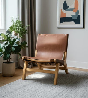 HomeRoots 32" Brown Leather Slipper Chair with Solid Wood Frame - Modern Accent for Living Spaces & Offices 606001