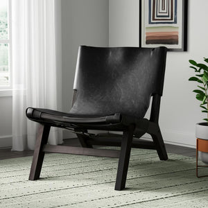 HomeRoots 32" Black Genuine Leather Slipper Chair - Modern Solid Wood Frame, Plush Comfort for Any Space 606002