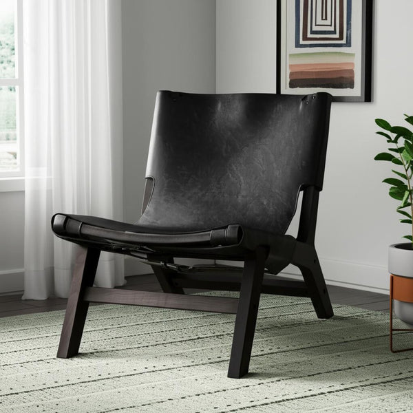 HomeRoots 32" Black Genuine Leather Slipper Chair - Modern Solid Wood Frame, Plush Comfort for Any Space 606002
