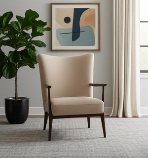 HomeRoots 29" Beige Boucle Wingback Chair with Solid Wood Legs - Stylish Comfort for Any Room Decor 606007