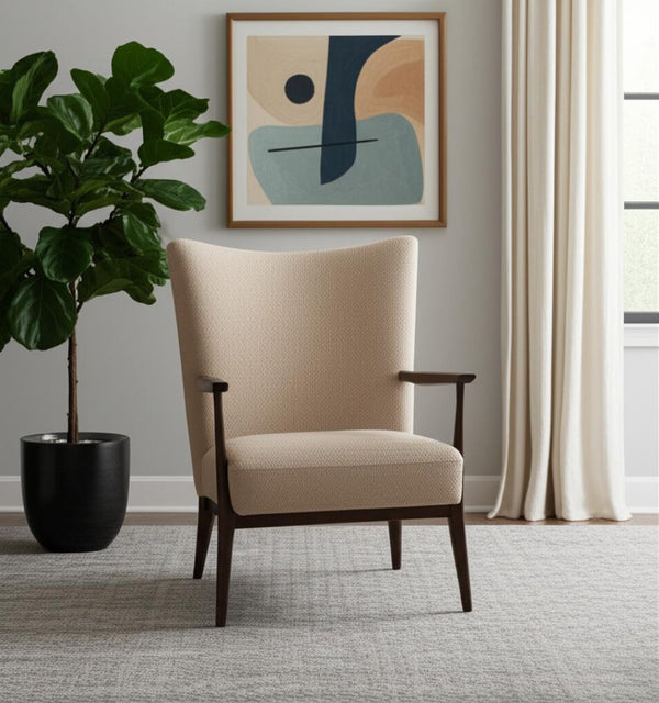 HomeRoots 29" Beige Boucle Wingback Chair with Solid Wood Legs - Stylish Comfort for Any Room Decor 606007