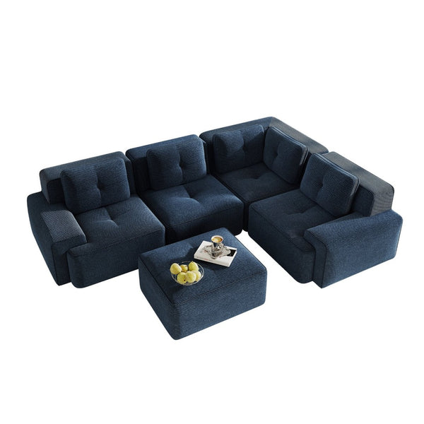 English Elm Modern Corduroy Sectional Sofa Deep Seat V Shape Tufted Couch with Movable Ottoman Blue W714S01579
