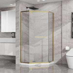 English Elm Goodyo Neo-angle Corner Shower Enclosure Tempered Glass Gold Stainless Frame D163147164