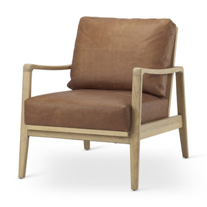 HomeRoots 34" Brown Leather Arm Chair with Solid Wood Legs - Stylish Comfort for Living Rooms & Offices 606012