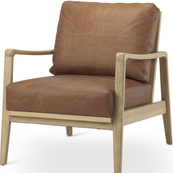 HomeRoots 34" Brown Leather Arm Chair with Solid Wood Legs - Stylish Comfort for Living Rooms & Offices 606012