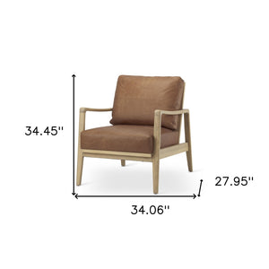 HomeRoots 34" Brown Leather Arm Chair with Solid Wood Legs - Stylish Comfort for Living Rooms & Offices 606012