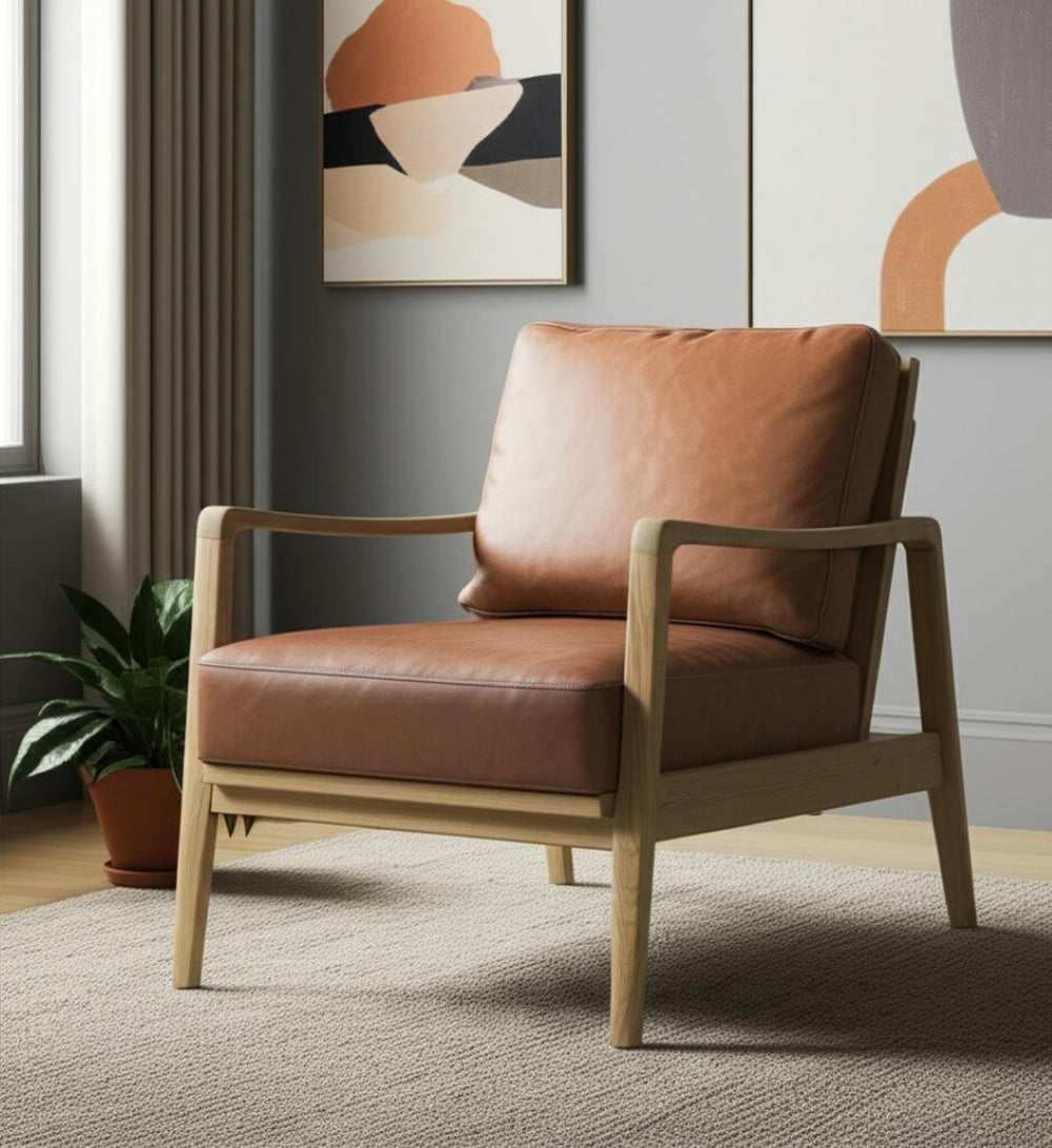 HomeRoots 34" Brown Leather Arm Chair with Solid Wood Legs - Stylish Comfort for Living Rooms & Offices 606012