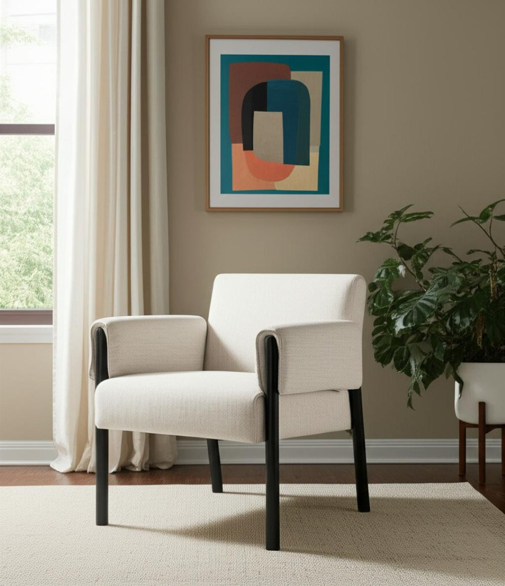 HomeRoots 30" Beige and Black Upholstered Armchair with Solid Wood Frame for Modern Living Room Style 606015