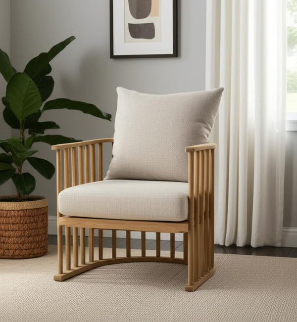 HomeRoots 31" Beige Barrel Chair - Elegant Upholstered Accent with Solid Wood Frame for Living Room & Office 606017