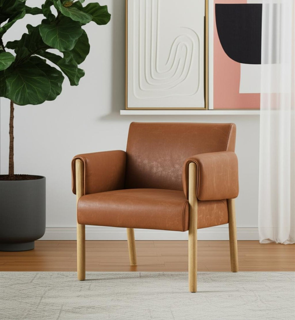 HomeRoots 30" Elegant Brown Faux Leather Arm Chair with Solid Wood Frame – Modern Comfort & Style for Any Room 606018