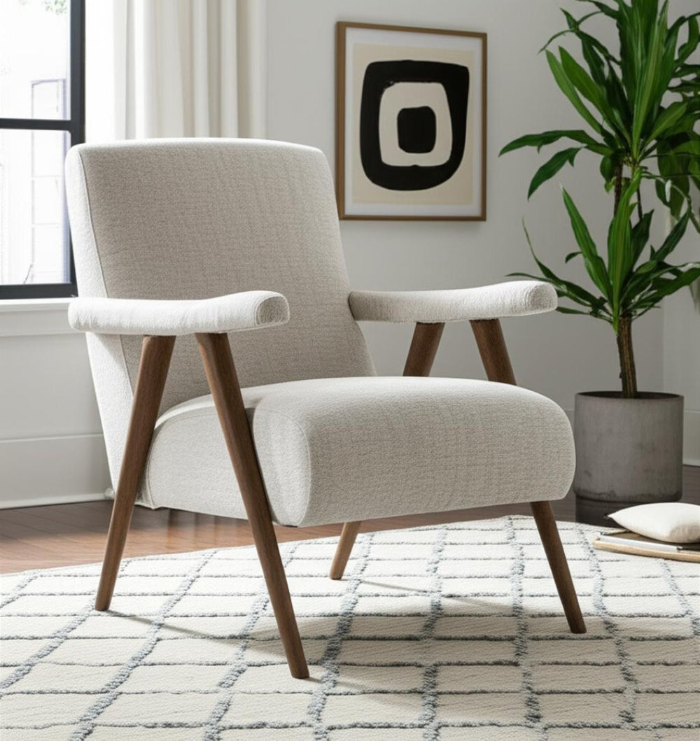 HomeRoots 32" Cream Linen Arm Chair with Solid Wood Frame - Modern Accent for Living Room or Office Decor 606021