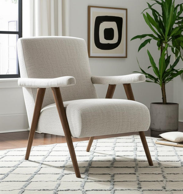 HomeRoots 32" Cream Linen Arm Chair with Solid Wood Frame - Modern Accent for Living Room or Office Decor 606021