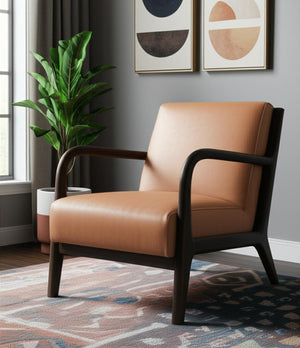 HomeRoots 26" Tan Leather Arm Chair - Solid Wood Frame, Plush Comfort & Modern Style for Any Space 606022