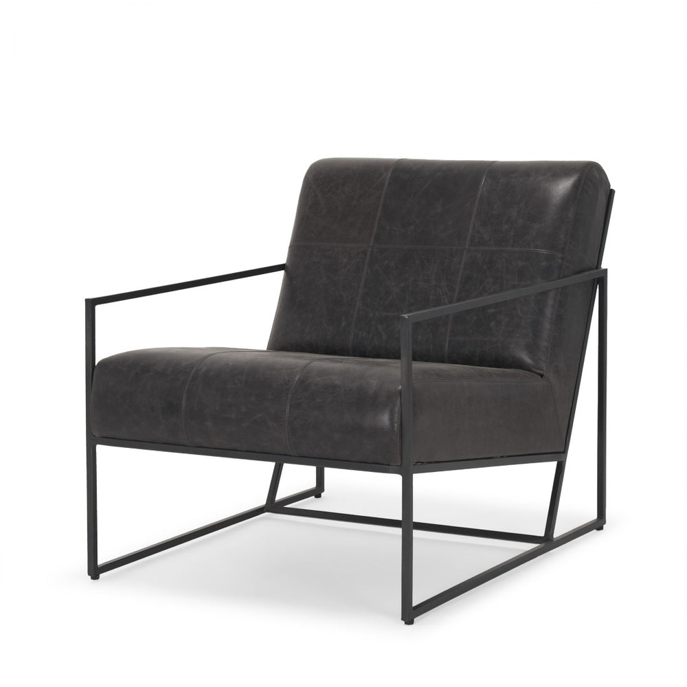 HomeRoots 37" Black Genuine Leather Lounge Chair with Metal Frame - Modern Comfort for Any Space! 606023