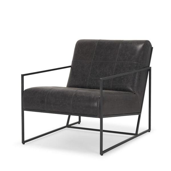 HomeRoots 37" Black Genuine Leather Lounge Chair with Metal Frame - Modern Comfort for Any Space! 606023