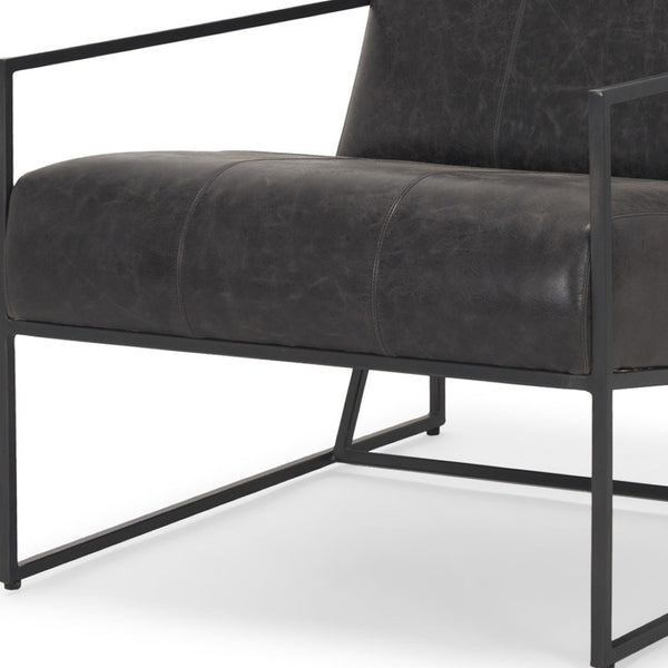 HomeRoots 37" Black Genuine Leather Lounge Chair with Metal Frame - Modern Comfort for Any Space! 606023