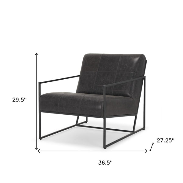 HomeRoots 37" Black Genuine Leather Lounge Chair with Metal Frame - Modern Comfort for Any Space! 606023