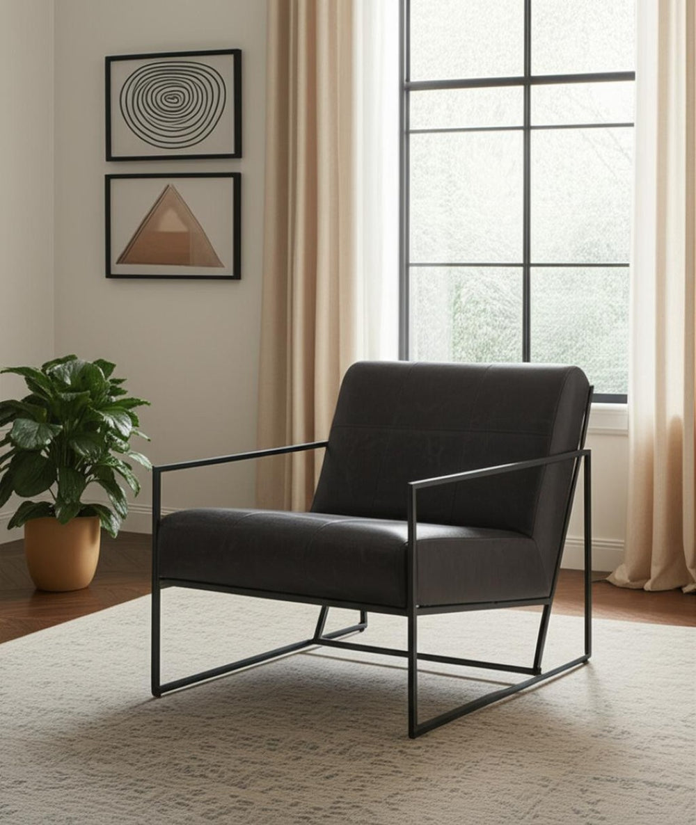 HomeRoots 37" Black Genuine Leather Lounge Chair with Metal Frame - Modern Comfort for Any Space! 606023