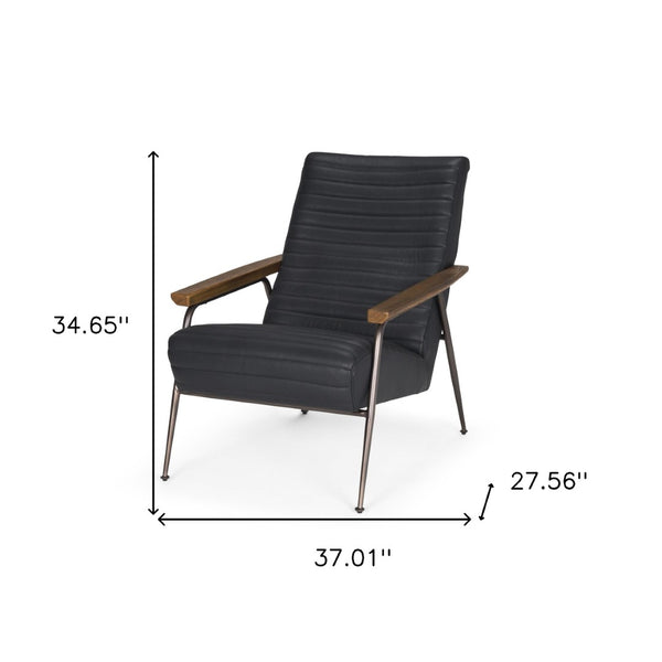 HomeRoots 37" Black Genuine Leather Accent Chair with Metal Frame - Modern Comfort for Any Space 606024
