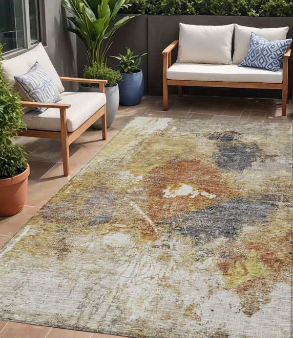 Homeroots 3' Taupe Black And Copper Abstract Washable Area Rug – Perfect For Indoor Or Outdoor Spaces! 5' X 8' Polyester 606026