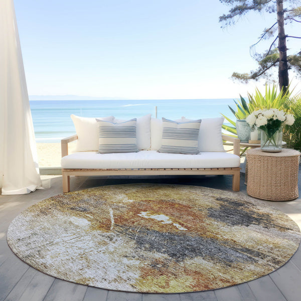 Homeroots 3' Taupe Black And Copper Abstract Washable Area Rug – Perfect For Indoor Or Outdoor Spaces! 8' Round Polyester 606027