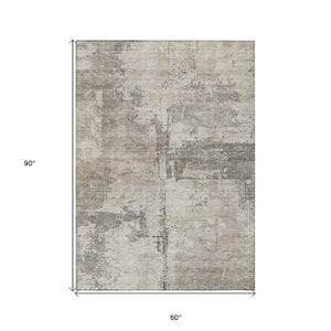 Homeroots 3' Linen And Gray Abstract Washable Area Rug - Stylish Indoor/Outdoor Design For High Traffic Spaces 5' X 8' Polyester 606032