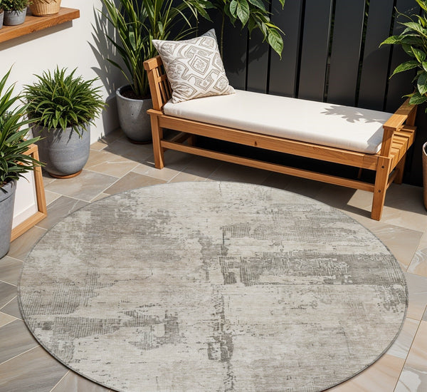 Homeroots 3' Linen And Gray Abstract Washable Area Rug - Stylish Indoor/Outdoor Design For High Traffic Spaces 8' Round Polyester 606033