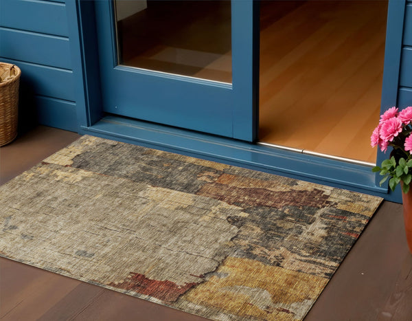 Homeroots 3' Stylish Khaki Charcoal & Terra Cotta Abstract Washable Area Rug For Indoor & Outdoor Spaces 3' X 5' Polyester 606037