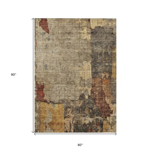 Homeroots 3' Stylish Khaki Charcoal & Terra Cotta Abstract Washable Area Rug For Indoor & Outdoor Spaces 5' X 8' Polyester 606038