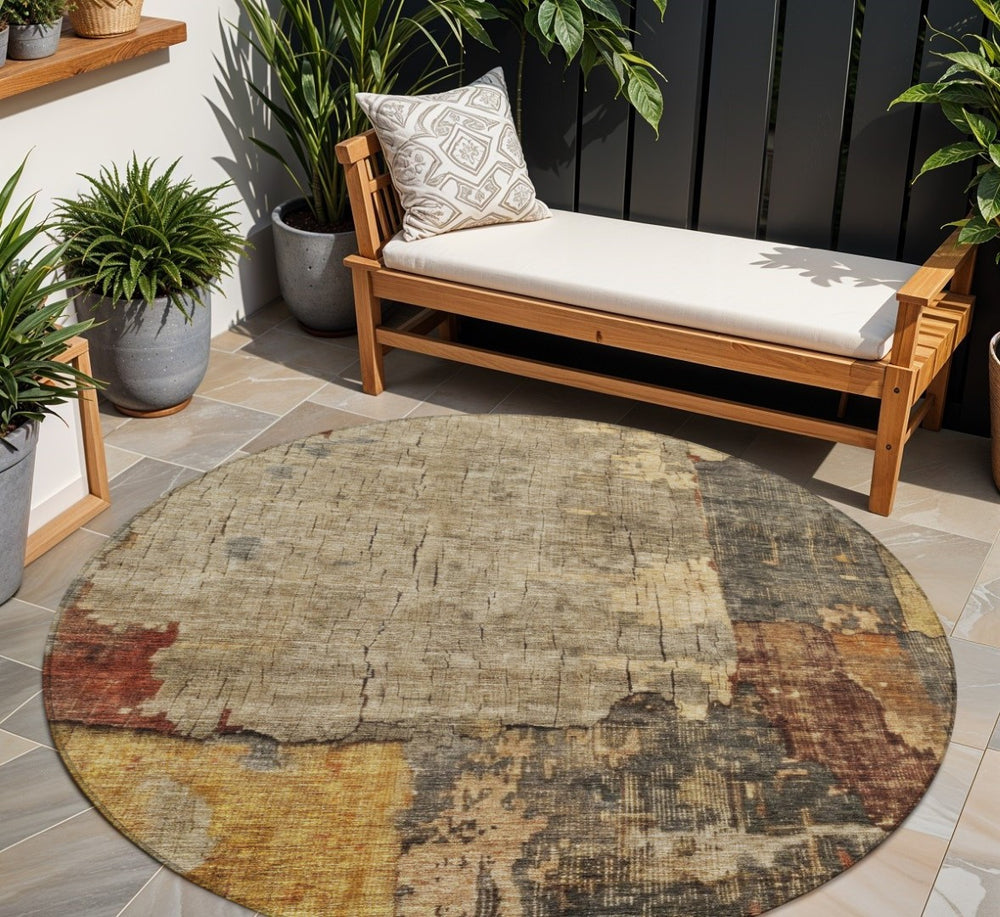 HomeRoots 5' Contemporary Washable Area Rug in Khaki, Charcoal & Terra Cotta – Perfect for Indoor & Outdoor Use 8' Round 606039