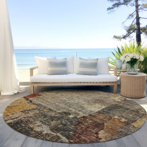Homeroots 3' Stylish Khaki Charcoal & Terra Cotta Abstract Washable Area Rug For Indoor & Outdoor Spaces 8' Round Polyester 606039